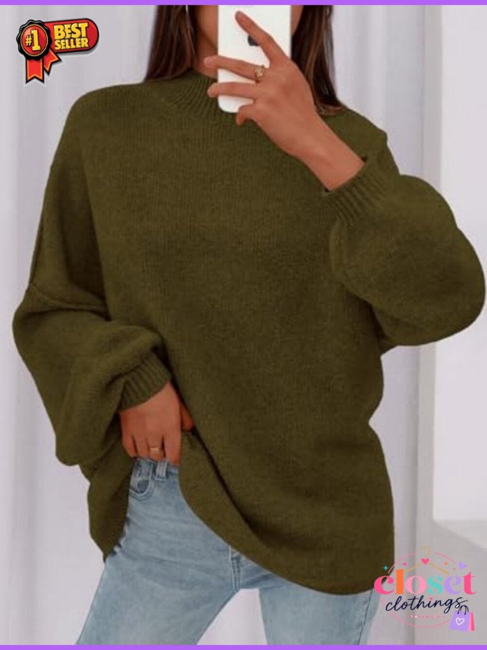 Oversized Chunky Knit Mock Neck Pullover Sweater Long Sleeve - Picture 2 of 6